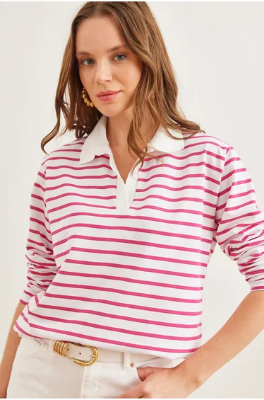 Women's Fuchsia Polo Collar Striped Sweatshirt