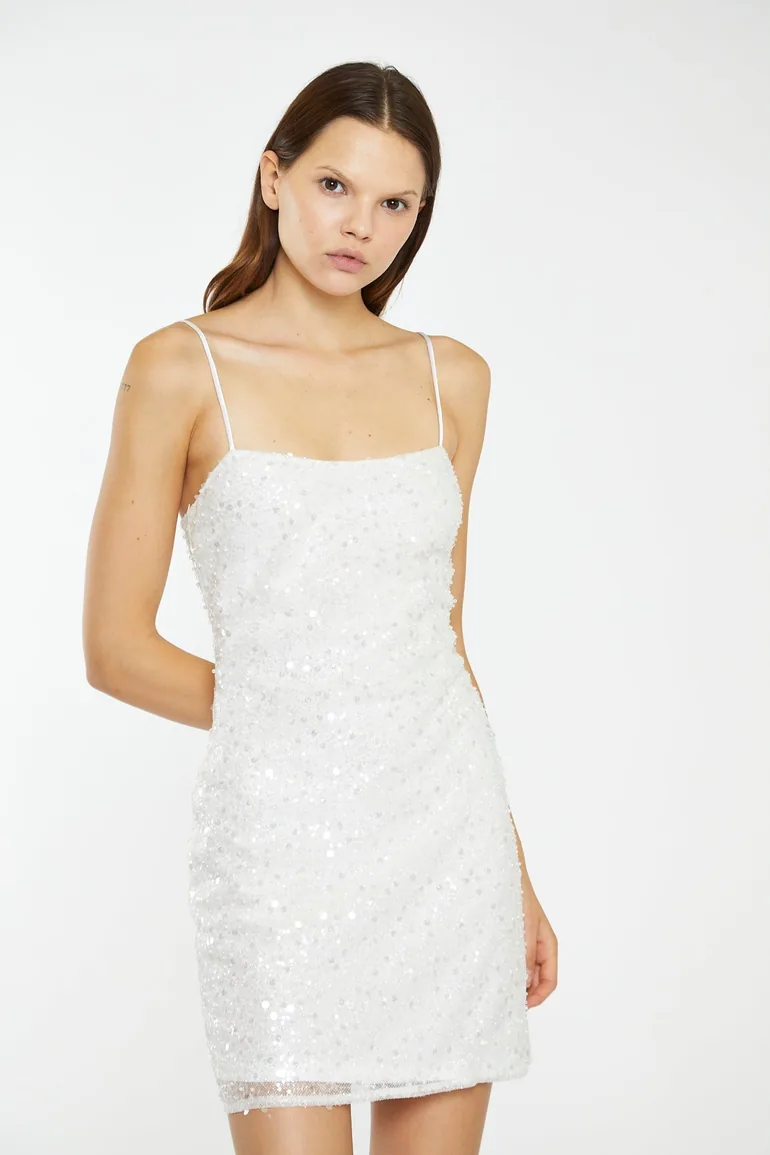 Shop Silver Pearl-Sequin Strappy Bodycon Mini-Dress Online in Bahrain