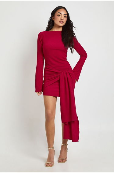 Texture Wrap Tie Front Mini Dress - burgundy