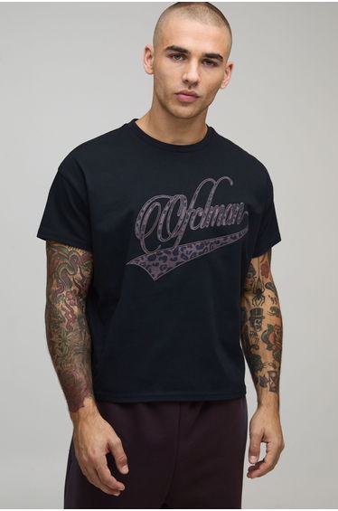 Oversized Shrunken Leopard Print Applique OFCLMAN T-Shirt - black
