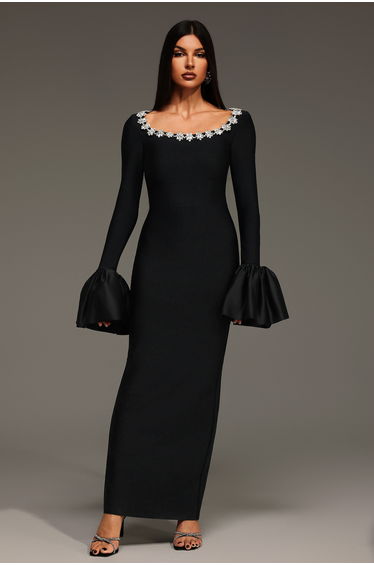 Rury Trumpet Sleeve Diamond Bandage Maxi Dress