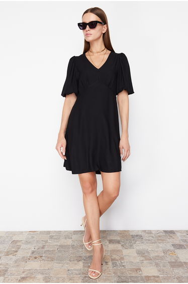 Black Skirt Flounced Balloon Sleeve Woven Dress