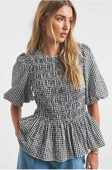 Gingham Shirred Peplum Blouse