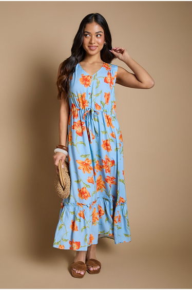 Petite Floral Sleeveless Drawstring Waist Tiered Maxi Dress