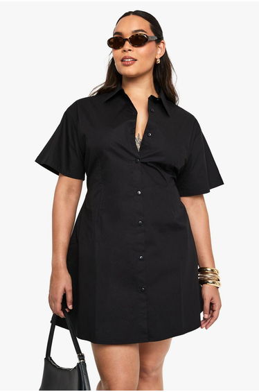 Plus Poplin Cinched Shirt Dress - black