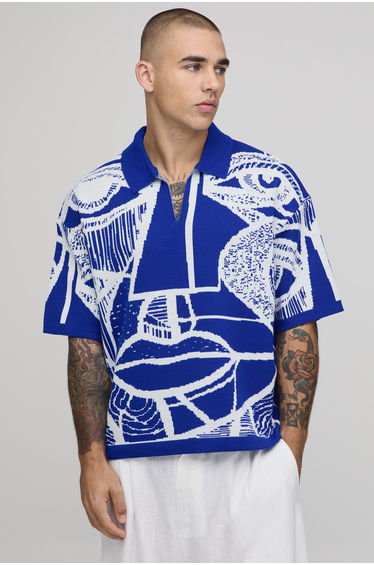 Oversized Boxy Jacquard Abstract Face Knitted Polo - blue