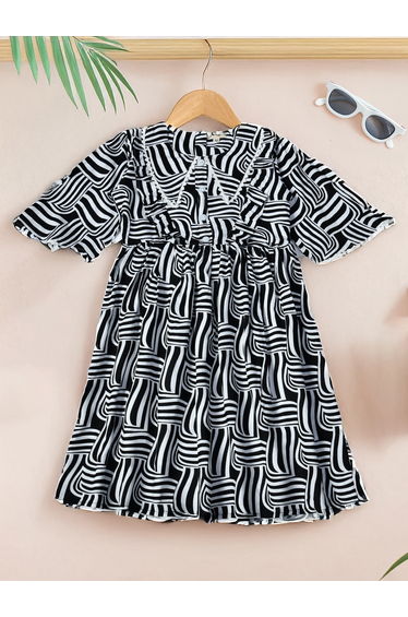 All-Over Print Lace Trim Cotton Dress with 3/4 Sleeves