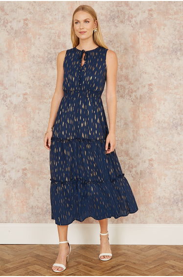 Yumi Navy Foil Print Ruched Waist Midi Dress With Tie Notch Neckline