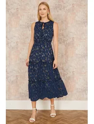Yumi Navy Foil Print Ruched Waist Midi Dress With Tie Notch Neckline