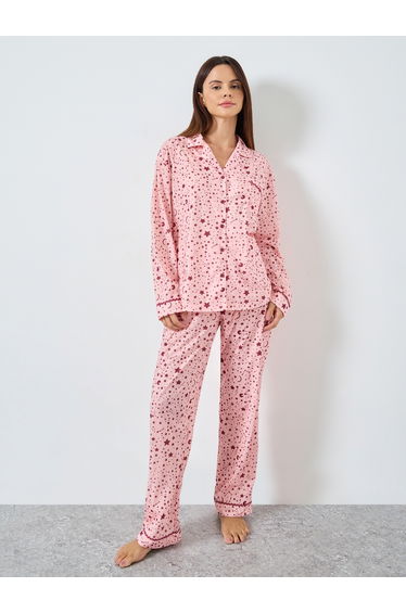 Star Print Contrast Piped Shirt and Pyjama Set