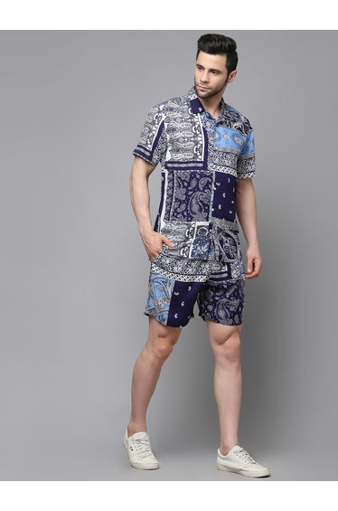 Men Blue Paisley Print Shirt and Shorts Co-ords