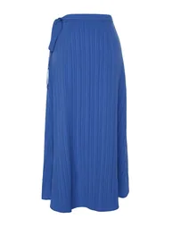 Navy Blue Double Breasted Closure Tie Detail Midi Length Woven Skirt - 7