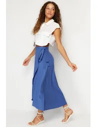 Navy Blue Double Breasted Closure Tie Detail Midi Length Woven Skirt - 2