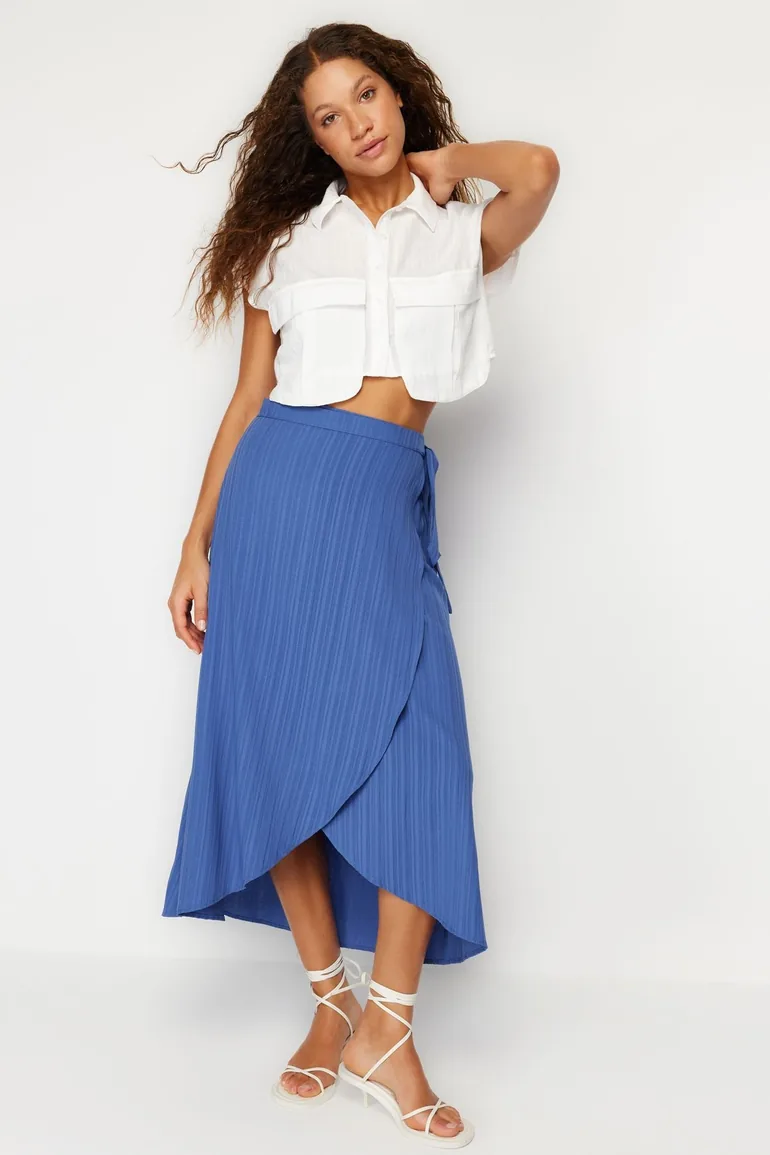Navy Blue Double Breasted Closure Tie Detail Midi Length Woven Skirt - 1