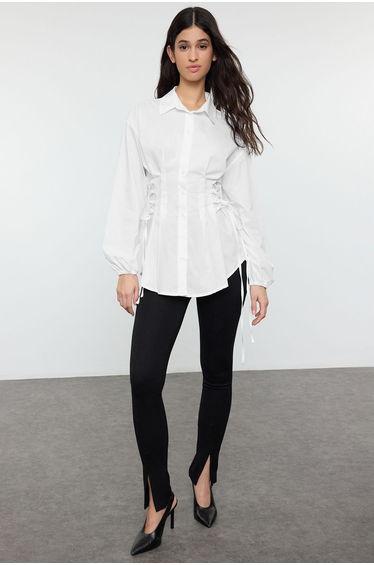 Ecru Belt Connection Detailed Woven Shirt
