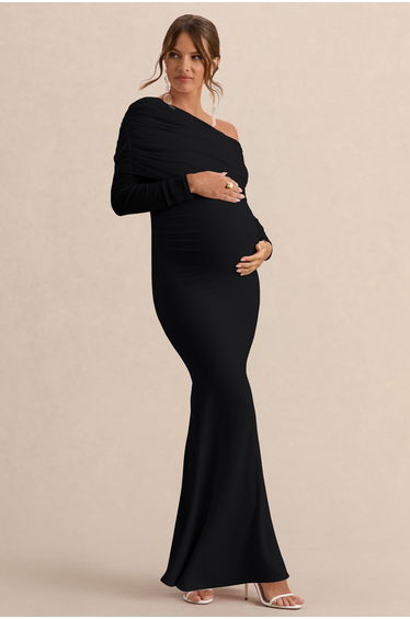 Ianthe | Black Asymmetric-Neck Maternity Maxi Dress With Mesh Long Sleeves