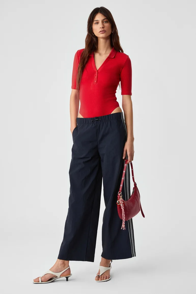 GRIMELANGE LOKKISER Women's Buttoned Open Collar Short Sleeve Red Bodysuit