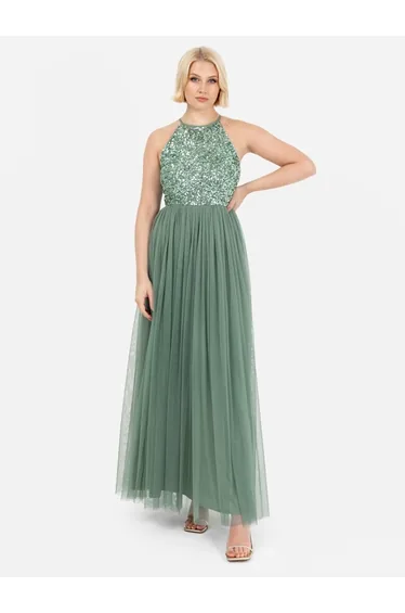 فستان ماكسي بياقة هالتر مزين بالأحجار و الترتر