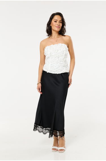Black Lace Trim Satin Maxi Skirt