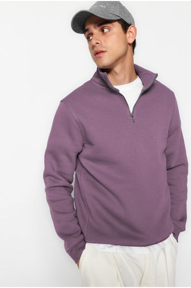 Purple Regular/Normal Cut Stand Collar Zippered Cotton Basic Sweatshirt