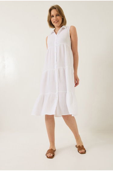 Women's Shirt Collar Buttoned Muslin Loose Muslin Dress