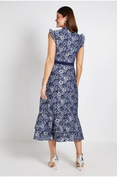 Lace Ruffle Sleeve Midi Dress