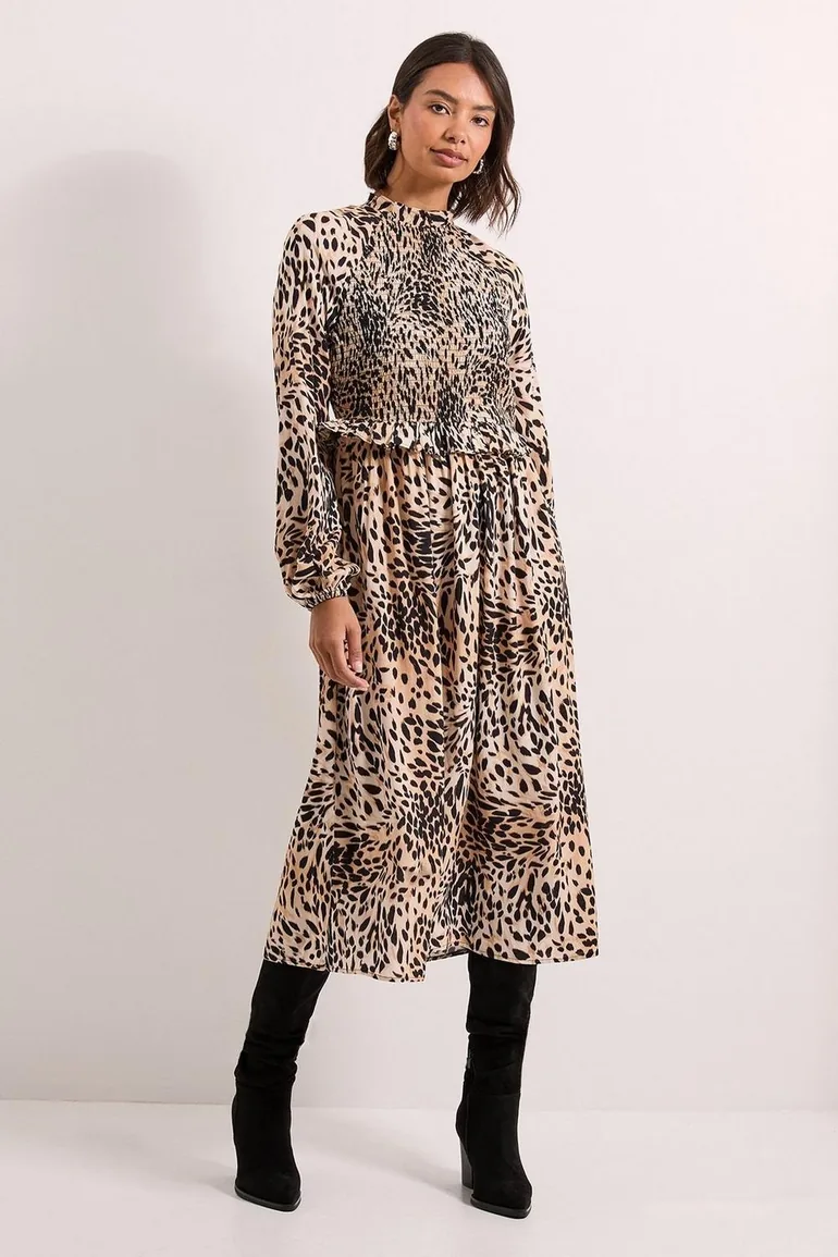 Pink Animal Shirred Bodice Frill Detail Midi Dress