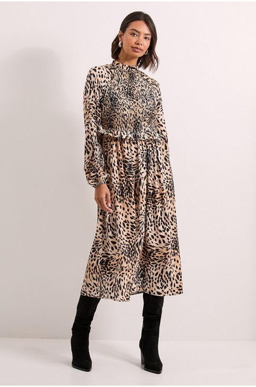 Pink Animal Shirred Bodice Frill Detail Midi Dress