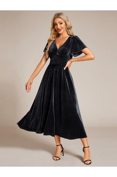 ever AZALEA|Graceful V-Neck Waist Design Short Sleeves Fall Velvet Midi Wedding Guest Dress