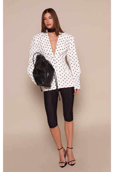 White Polka Dot Lapel Detail Button Down Cinch Waist Blazer