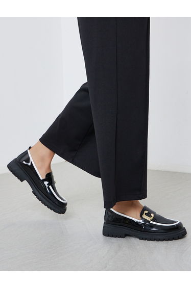Black Patent Leather Loafers with Metal Accent