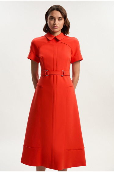 Compact Stretch Tab Detail Full Skirted Midi Dress
