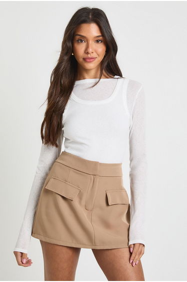 Marl Pocket Detail Tailored Skort - stone
