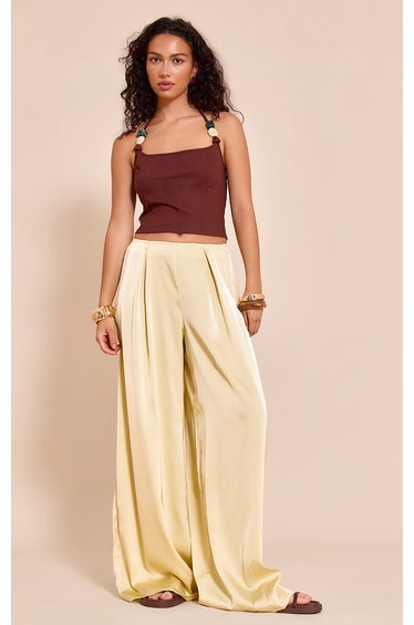 Lemon Pleated Satin Wide Leg Trousers