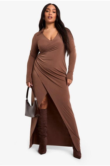 Plus Collared Wrap Ruched Waist Midaxi Dress