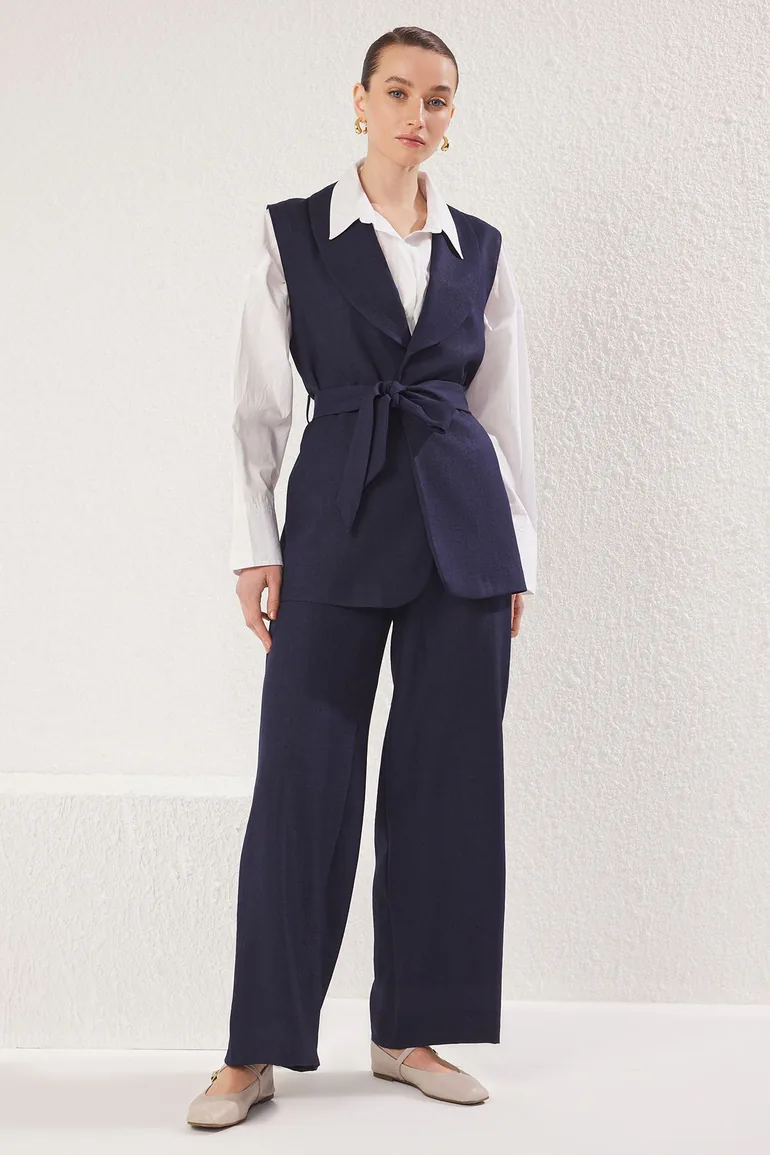 Navy Blue Linen Look Vest-Pants Woven Bottom-Top Set Trendyol Modest :  Co-ordinates & Sets : VogaCloset Oman