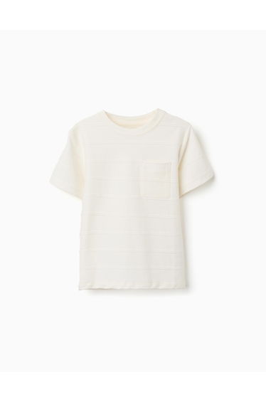 Cotton T Shirt With Embossed Lines And Pocket For Boys White