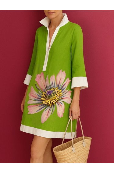 Loose Three-Quarter Sleeves Buttoned Contrast Color Flower Print Lapel Mini Dresses