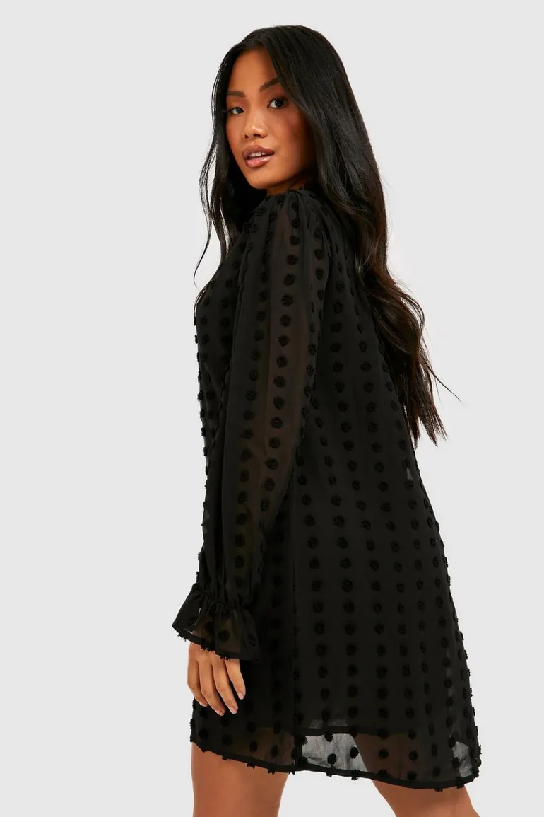 Petite Dobby Textured High Neck Shift Dress - black - 1