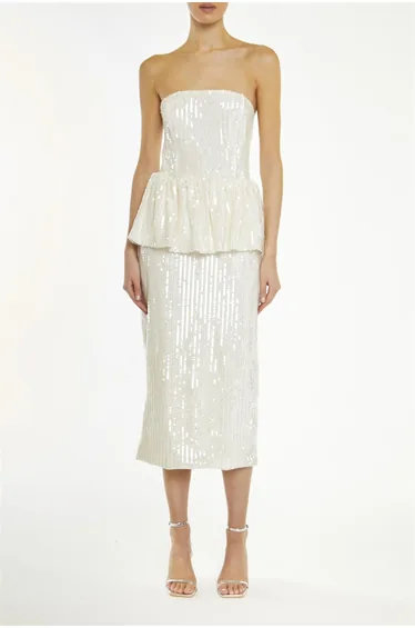 Alyssa Clear-Nude Sequin Bandeau Peplum Midi-Dress