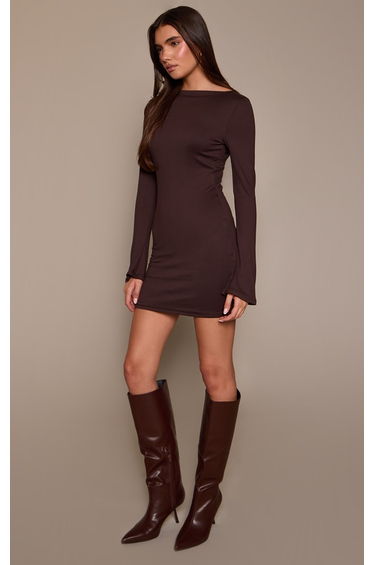 Chocolate Soft Touch Jersey Long Sleeve Bodycon Dress