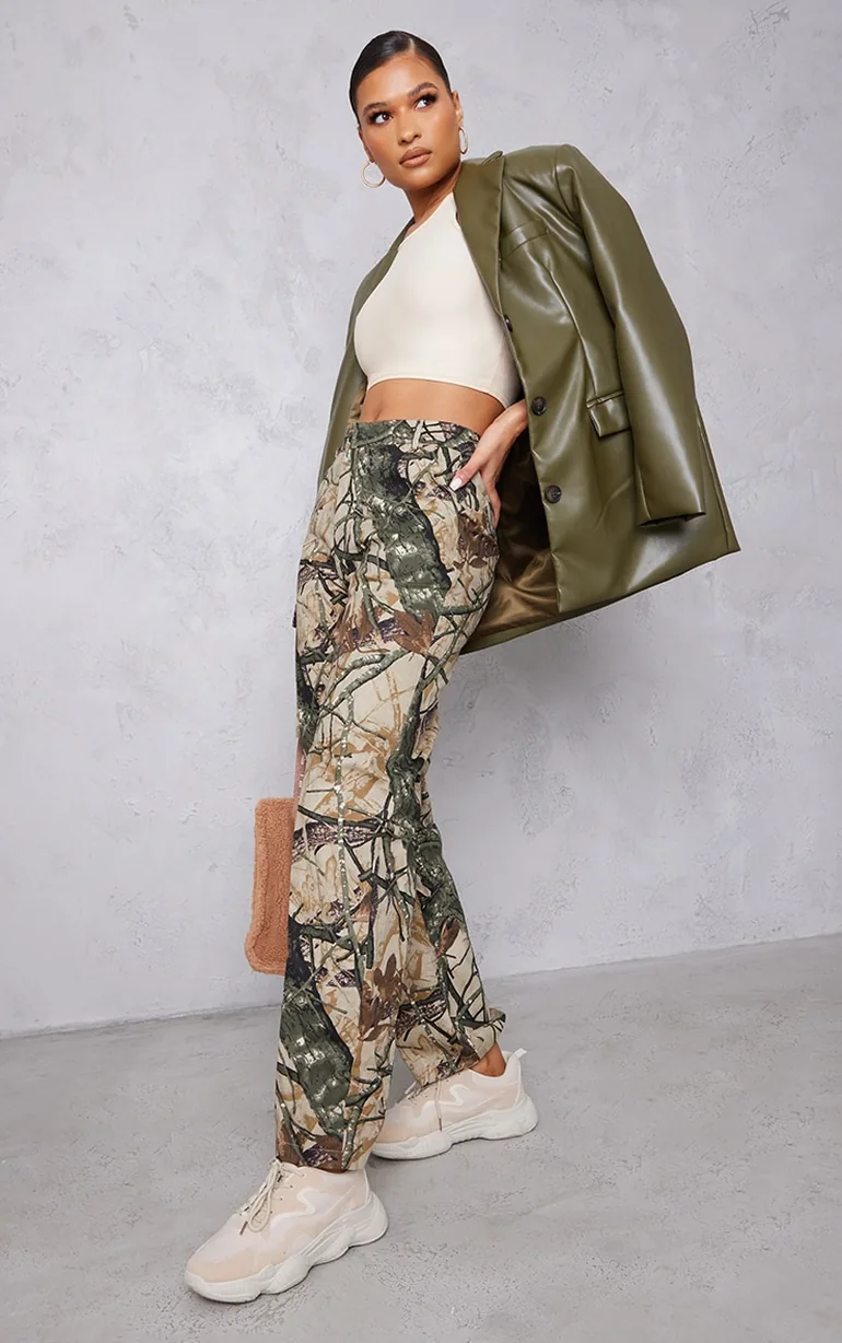 Khaki Abstract Camo Wide Leg Cargo Trousers