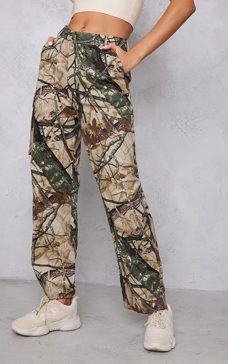 Khaki Abstract Camo Wide Leg Cargo Trousers - 1