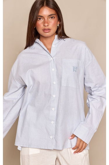 Blue Woven Striped PLT Embroidery Oversized Shirt