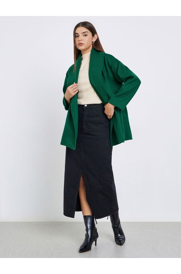 Dark Green Wool Like Belted Wrap Coat