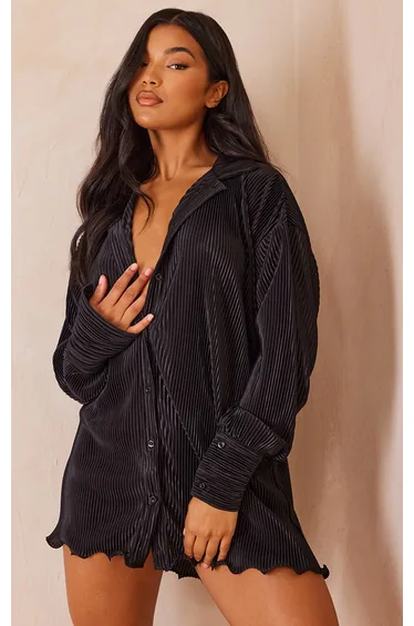 Black Plisse Frill Hem Shirt Dress