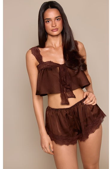 Chocolate Satin Lace Up Front Flowy Pyjama Cami & Shorts