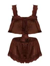 Chocolate Satin Lace Up Front Flowy Pyjama Cami & Shorts - 3