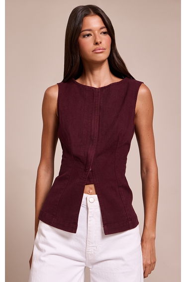 Dark Burgundy Sleeveless Zip Up Denim Top
