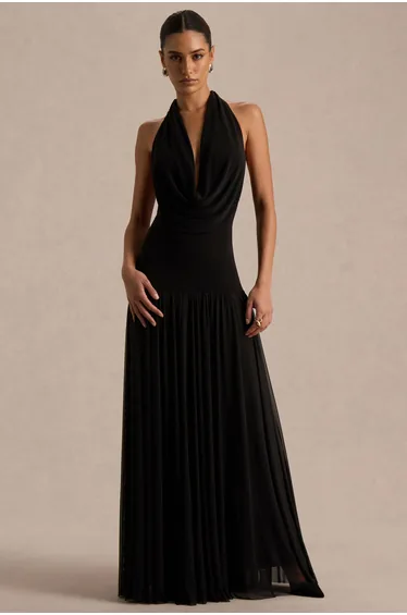 Verity | Black Plunge-Neck Maxi Dress With Sheer-Skirt
